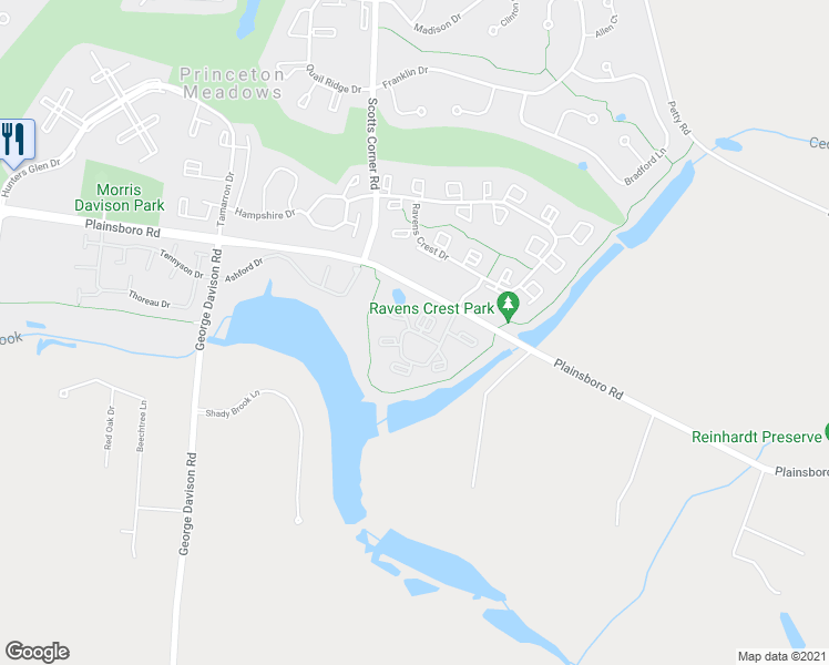 map of restaurants, bars, coffee shops, grocery stores, and more near 1217 Aspen Drive in Plainsboro Township