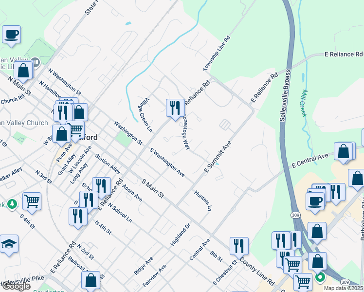 map of restaurants, bars, coffee shops, grocery stores, and more near 213 Washington Place in Telford