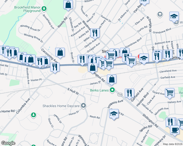 map of restaurants, bars, coffee shops, grocery stores, and more near 36 Shillington Road in Sinking Spring