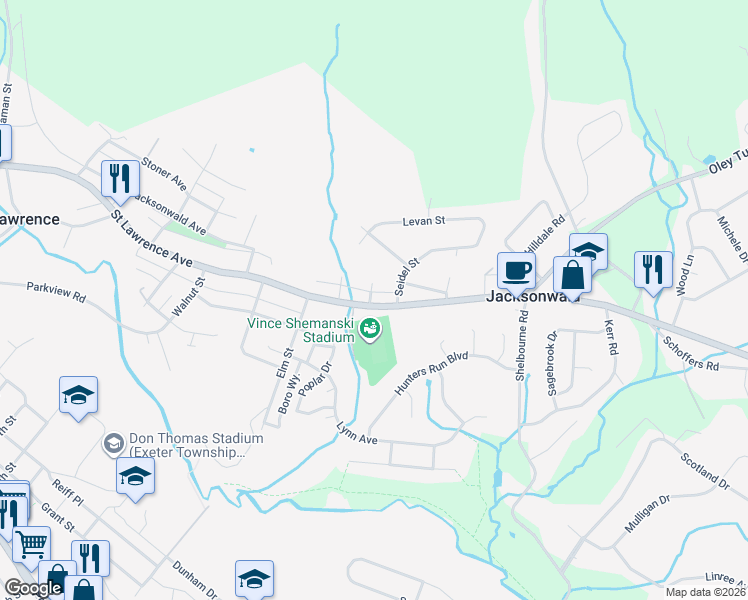 map of restaurants, bars, coffee shops, grocery stores, and more near 4001 Saint Lawrence Avenue in Reading