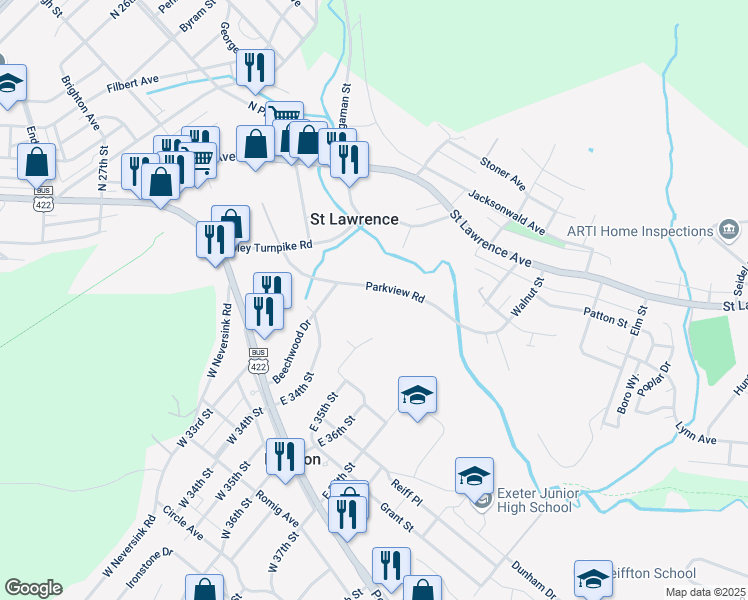map of restaurants, bars, coffee shops, grocery stores, and more near 318 Parkview Road in Reading