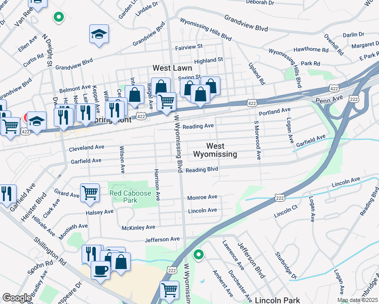 map of restaurants, bars, coffee shops, grocery stores, and more near 2255 Garfield Avenue in West Lawn