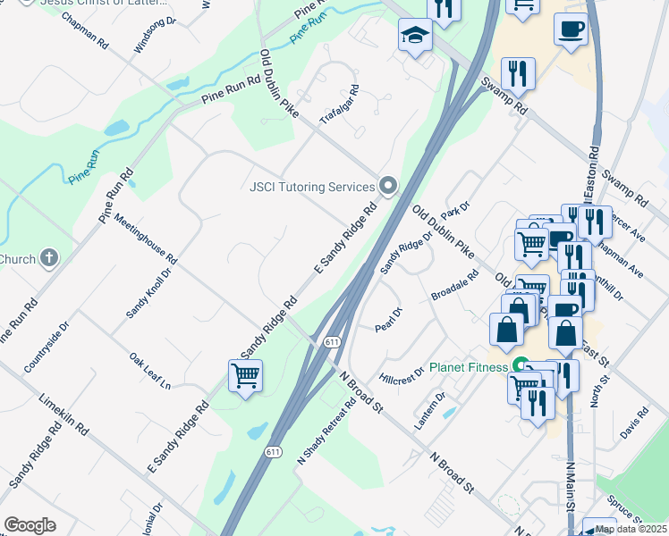 map of restaurants, bars, coffee shops, grocery stores, and more near 1091 East Sandy Ridge Road in Doylestown