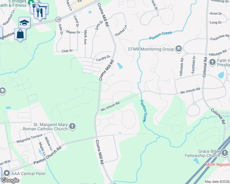 map of restaurants, bars, coffee shops, grocery stores, and more near 3914 Seattle Slew Drive in Harrisburg