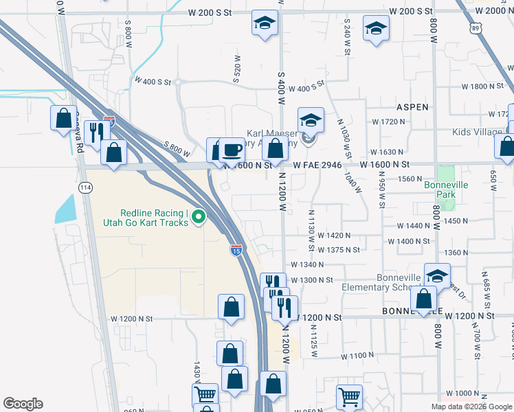 map of restaurants, bars, coffee shops, grocery stores, and more near 1272 West 1480 North Street in Orem