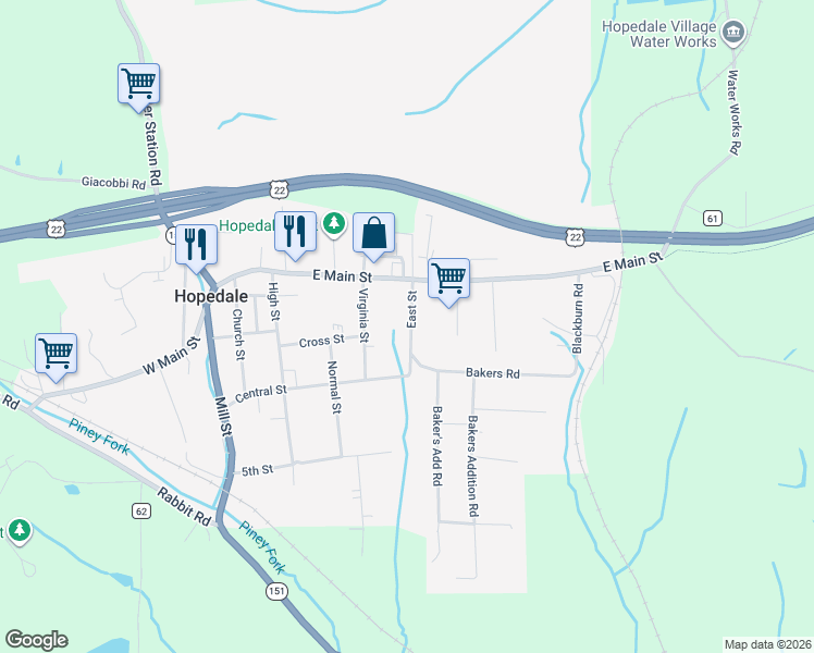 map of restaurants, bars, coffee shops, grocery stores, and more near 612 East Street in Hopedale