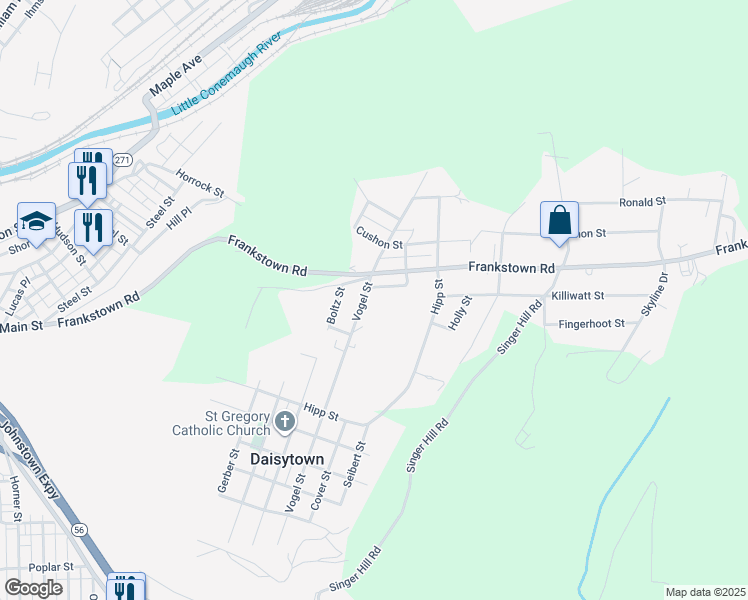 map of restaurants, bars, coffee shops, grocery stores, and more near 65 Vogel Street in Johnstown