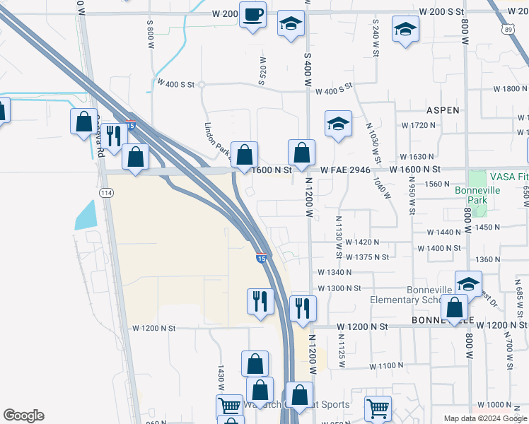 map of restaurants, bars, coffee shops, grocery stores, and more near 1322 West 1480 North Street in Orem