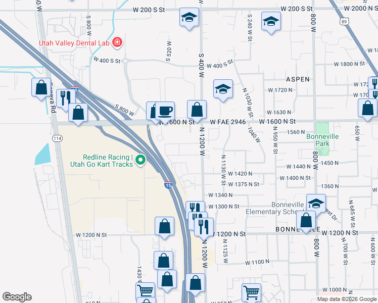 map of restaurants, bars, coffee shops, grocery stores, and more near 1260 West 1480 North Street in Orem