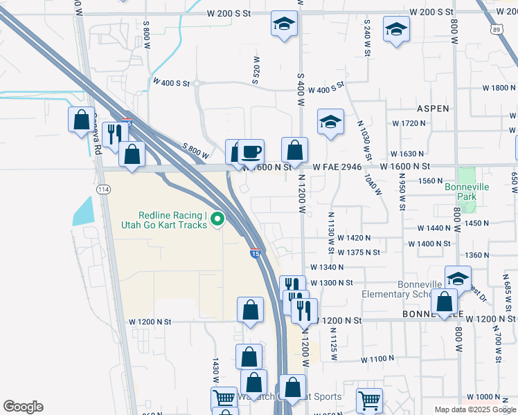 map of restaurants, bars, coffee shops, grocery stores, and more near 1330 West 1480 North Street in Orem