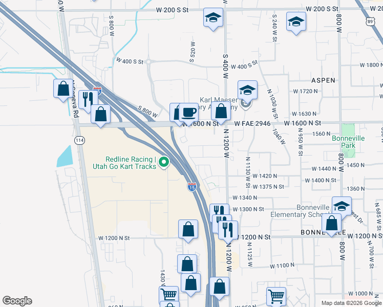 map of restaurants, bars, coffee shops, grocery stores, and more near 1326 West 1480 North Street in Orem