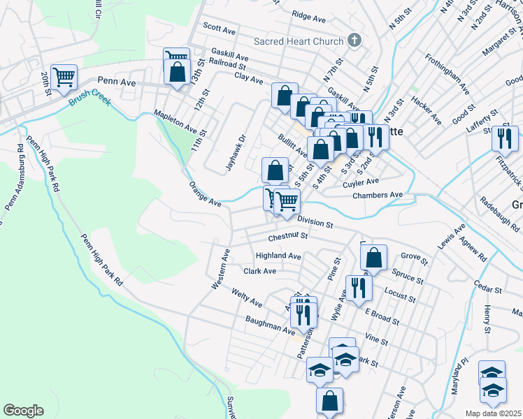map of restaurants, bars, coffee shops, grocery stores, and more near 625 South 6th Street in Jeannette