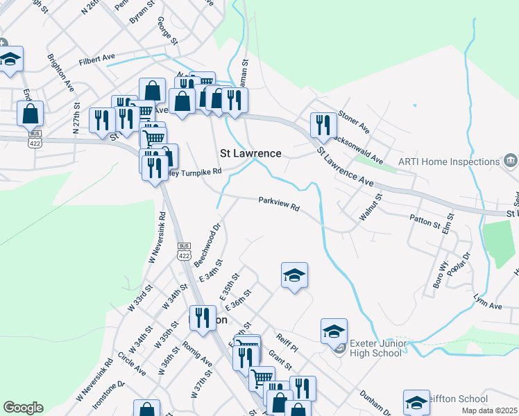 map of restaurants, bars, coffee shops, grocery stores, and more near 318 Parkview Road in Reading