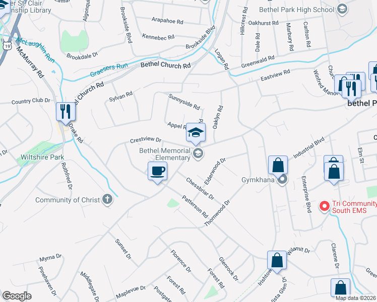 map of restaurants, bars, coffee shops, grocery stores, and more near 3302 South Park Road in Bethel Park