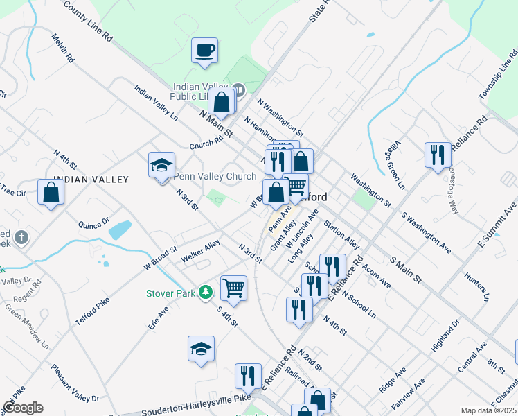 map of restaurants, bars, coffee shops, grocery stores, and more near 176 West Broad Street in Telford