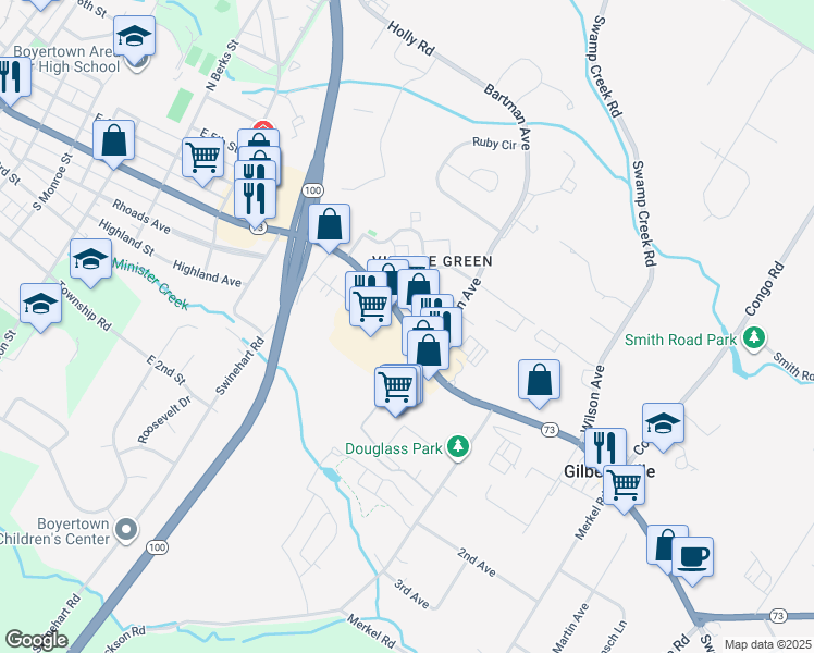 map of restaurants, bars, coffee shops, grocery stores, and more near 1070 East Philadelphia Avenue in Gilbertsville