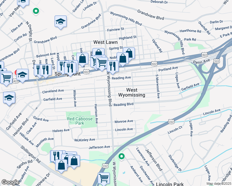 map of restaurants, bars, coffee shops, grocery stores, and more near 2255 Garfield Avenue in West Lawn