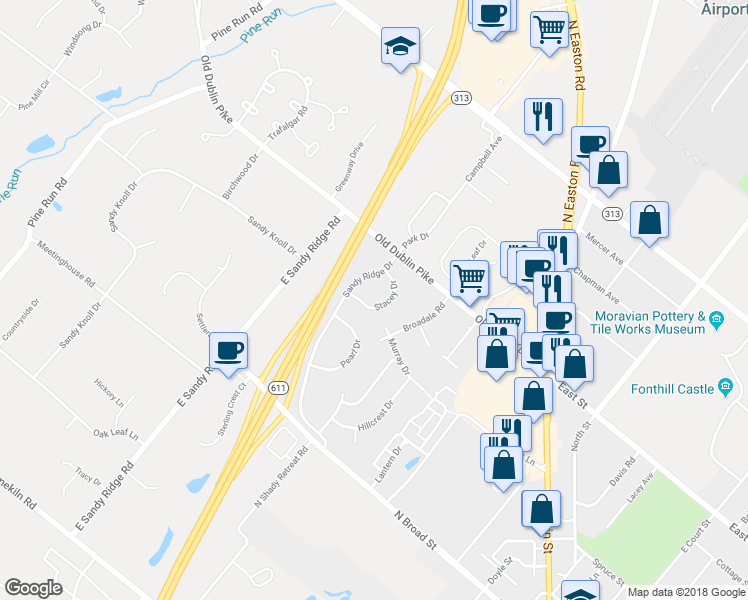 map of restaurants, bars, coffee shops, grocery stores, and more near 17 Stacey Drive in Doylestown