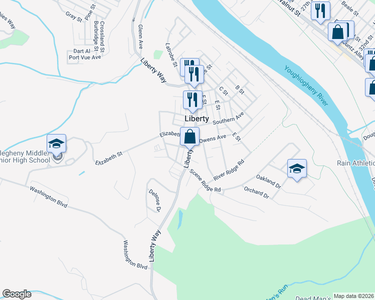 map of restaurants, bars, coffee shops, grocery stores, and more near 3100 Liberty Way in McKeesport