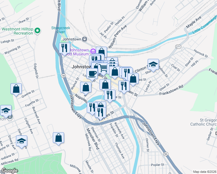 map of restaurants, bars, coffee shops, grocery stores, and more near 221 Franklin Street in Johnstown