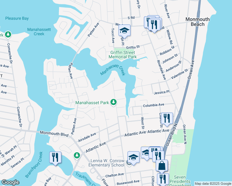map of restaurants, bars, coffee shops, grocery stores, and more near 555 Manahassett Avenue in Long Branch