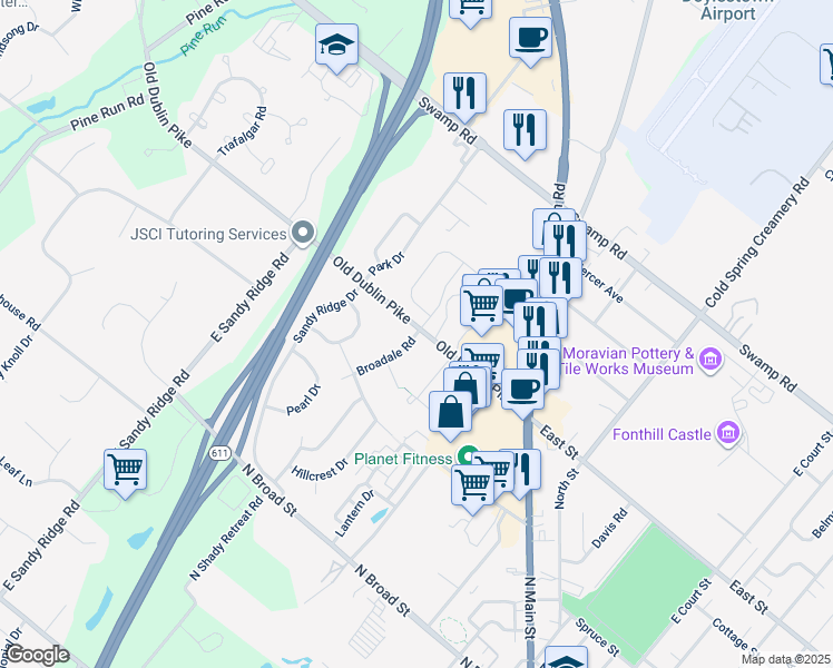 map of restaurants, bars, coffee shops, grocery stores, and more near 2 Broadale Road in Doylestown