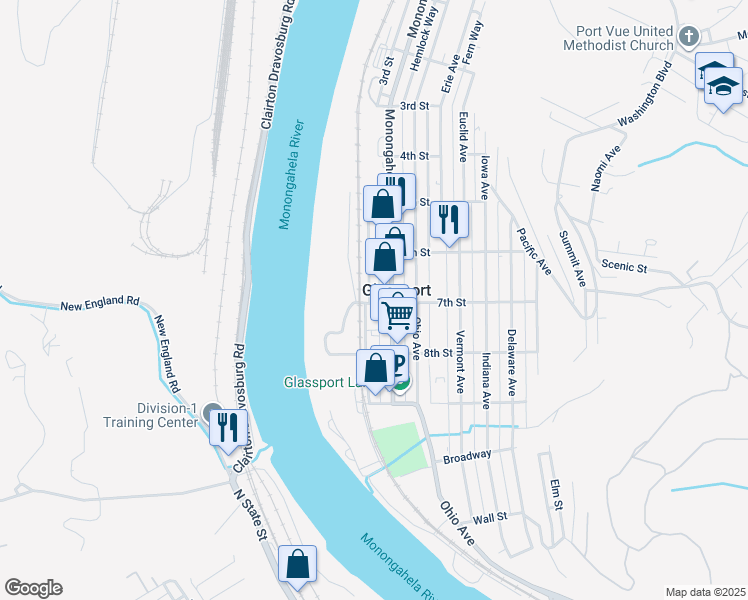 map of restaurants, bars, coffee shops, grocery stores, and more near 641 Allegheny Avenue in Glassport