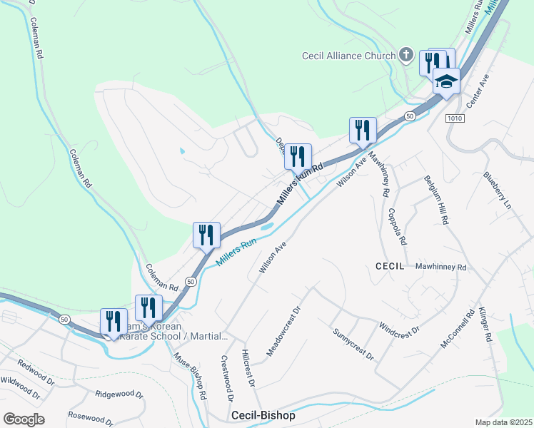 map of restaurants, bars, coffee shops, grocery stores, and more near 1 Hill Avenue in McDonald