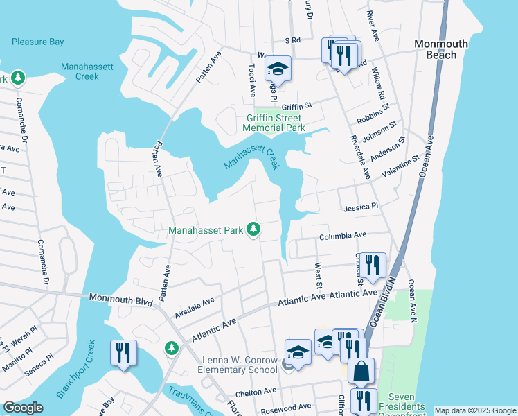 map of restaurants, bars, coffee shops, grocery stores, and more near 555 Manahassett Avenue in Long Branch