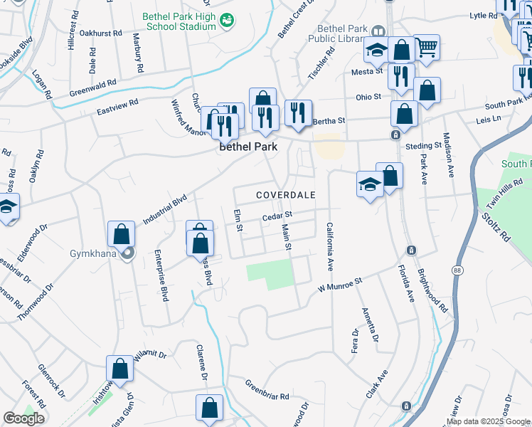 map of restaurants, bars, coffee shops, grocery stores, and more near 2868 Cedar Street in Bethel Park