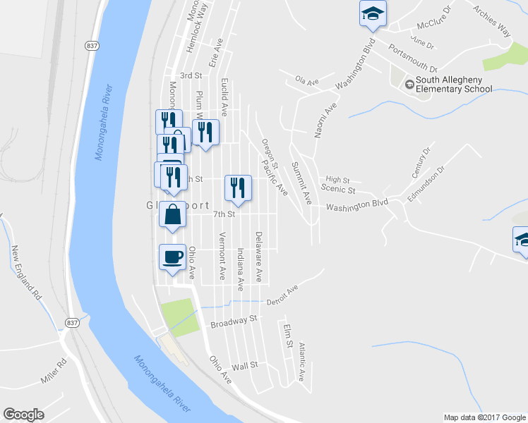map of restaurants, bars, coffee shops, grocery stores, and more near 643 Delaware Ave in Glassport