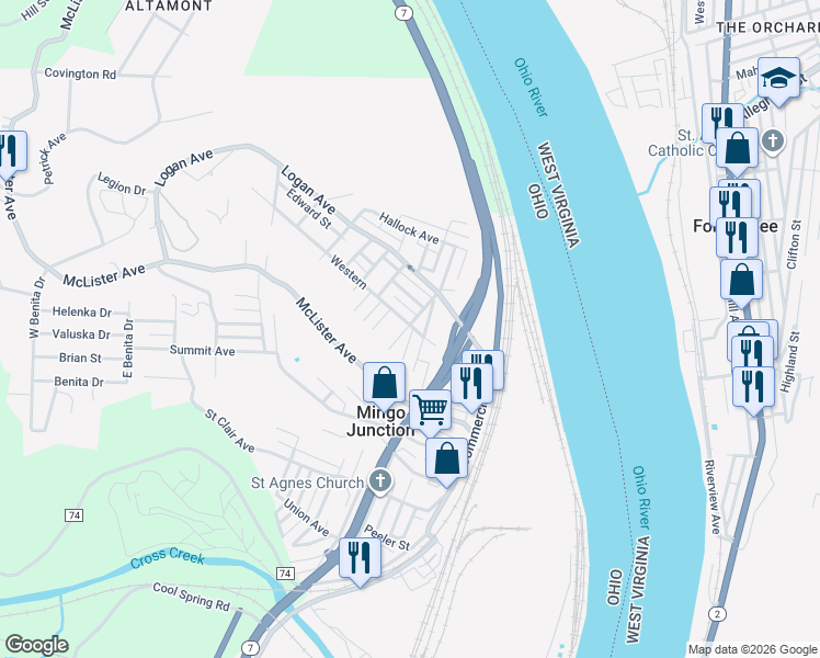 map of restaurants, bars, coffee shops, grocery stores, and more near 110 Western in Mingo Junction