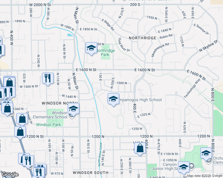 map of restaurants, bars, coffee shops, grocery stores, and more near 1445 200 East in Orem