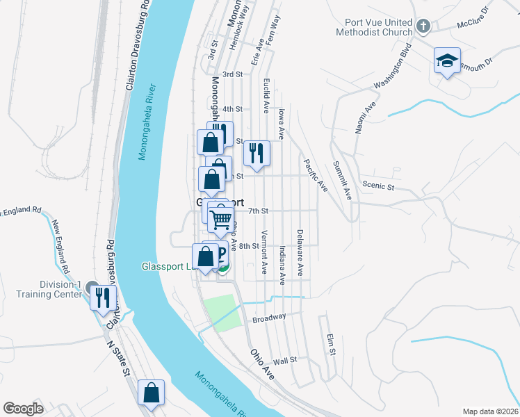map of restaurants, bars, coffee shops, grocery stores, and more near 640 Vermont Avenue in Glassport