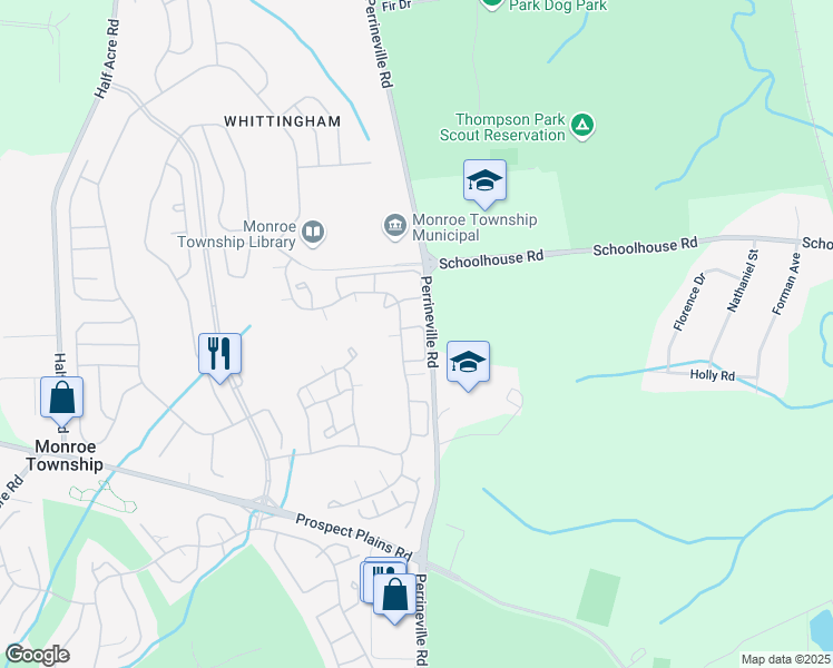 map of restaurants, bars, coffee shops, grocery stores, and more near 57A Winthrop Road in Monroe Township