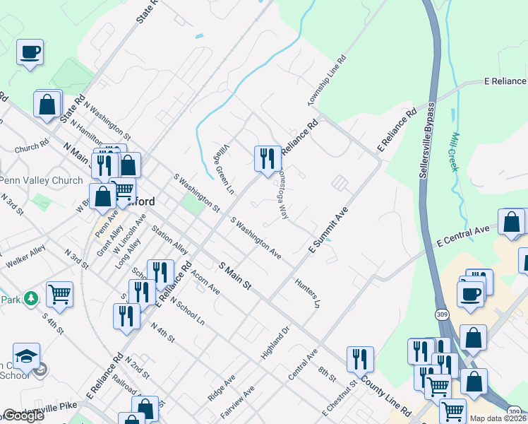 map of restaurants, bars, coffee shops, grocery stores, and more near 162 Reliance Place in Telford