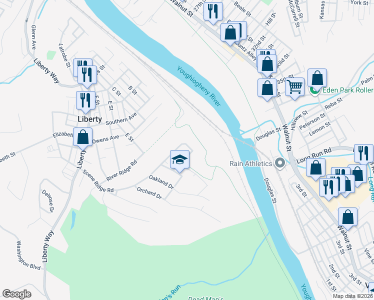 map of restaurants, bars, coffee shops, grocery stores, and more near 213 Scene Ridge Road in McKeesport
