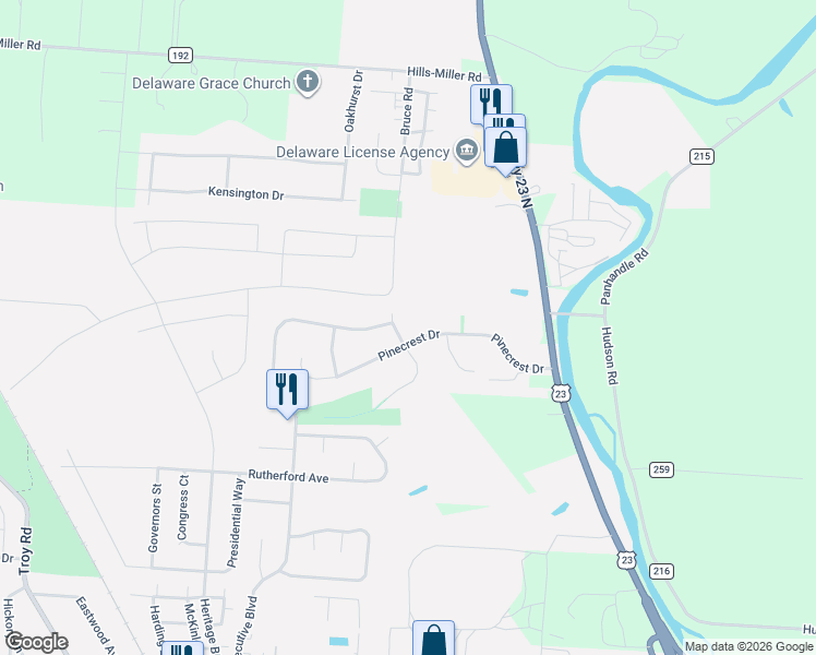 map of restaurants, bars, coffee shops, grocery stores, and more near 998 Executive Boulevard in Delaware
