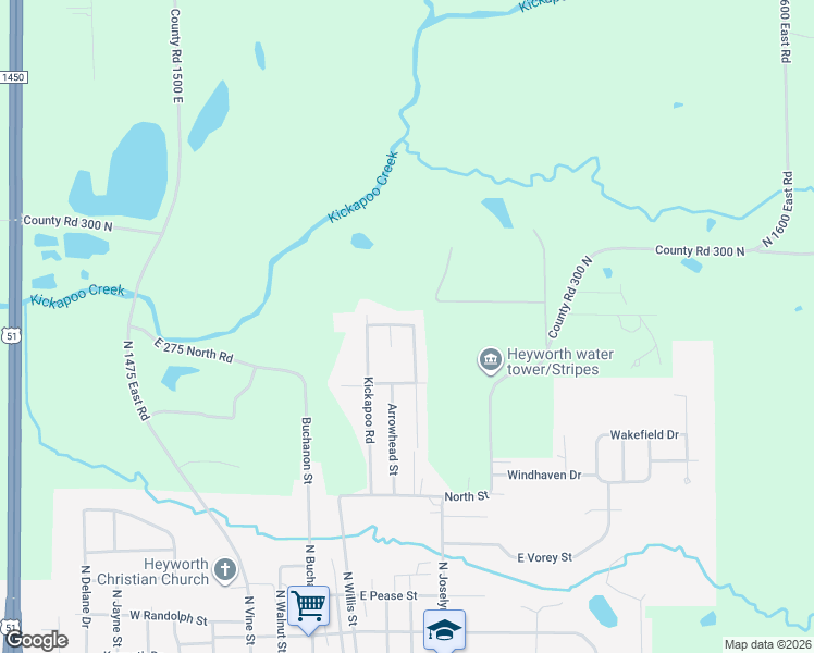 map of restaurants, bars, coffee shops, grocery stores, and more near 114 Moccasin Drive in Heyworth