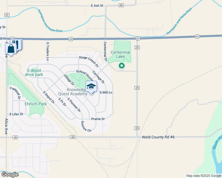 map of restaurants, bars, coffee shops, grocery stores, and more near 661 Stage Coach Drive in Milliken