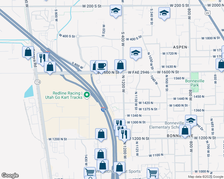 map of restaurants, bars, coffee shops, grocery stores, and more near 1260 West 1480 North Street in Orem