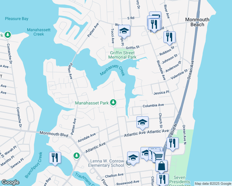 map of restaurants, bars, coffee shops, grocery stores, and more near 555 Manahassett Avenue in Long Branch