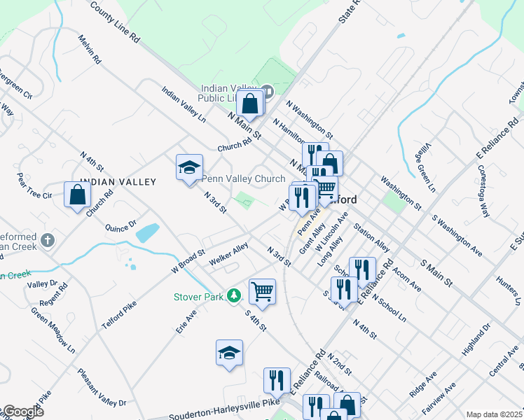map of restaurants, bars, coffee shops, grocery stores, and more near 229 West Broad Street in Telford