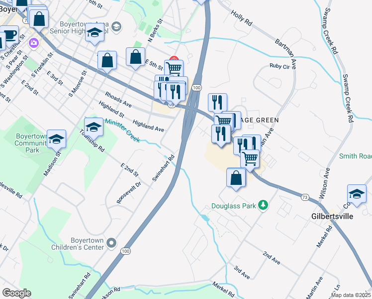 map of restaurants, bars, coffee shops, grocery stores, and more near Highway 100 in Gilbertsville