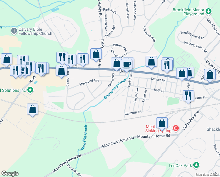 map of restaurants, bars, coffee shops, grocery stores, and more near 103 Aspen Avenue in Sinking Spring