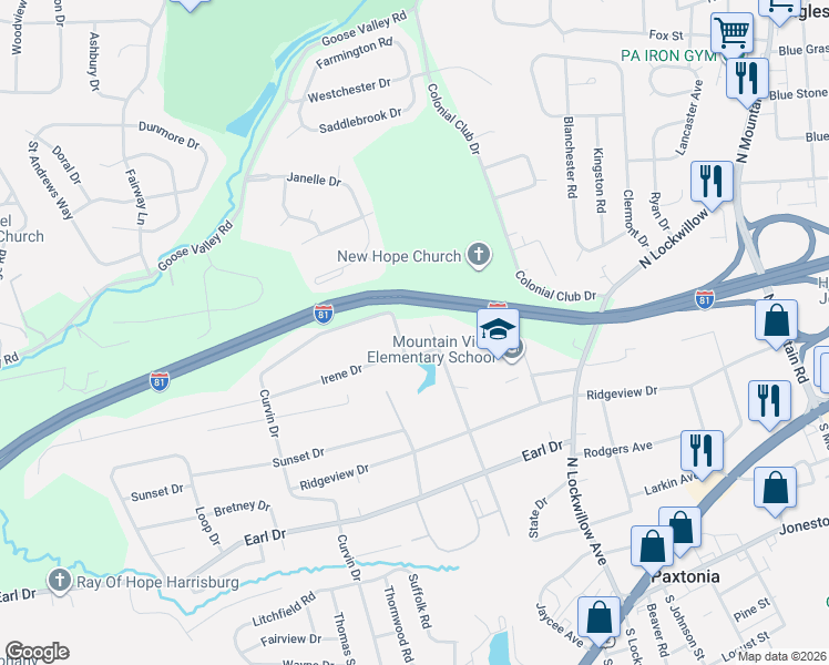 map of restaurants, bars, coffee shops, grocery stores, and more near 410 Village Road in Harrisburg