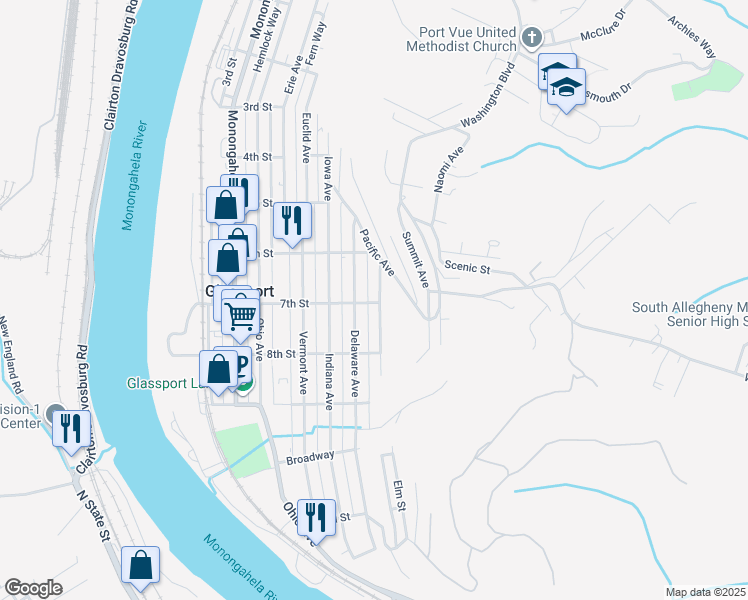 map of restaurants, bars, coffee shops, grocery stores, and more near 643 Delaware Avenue in Glassport