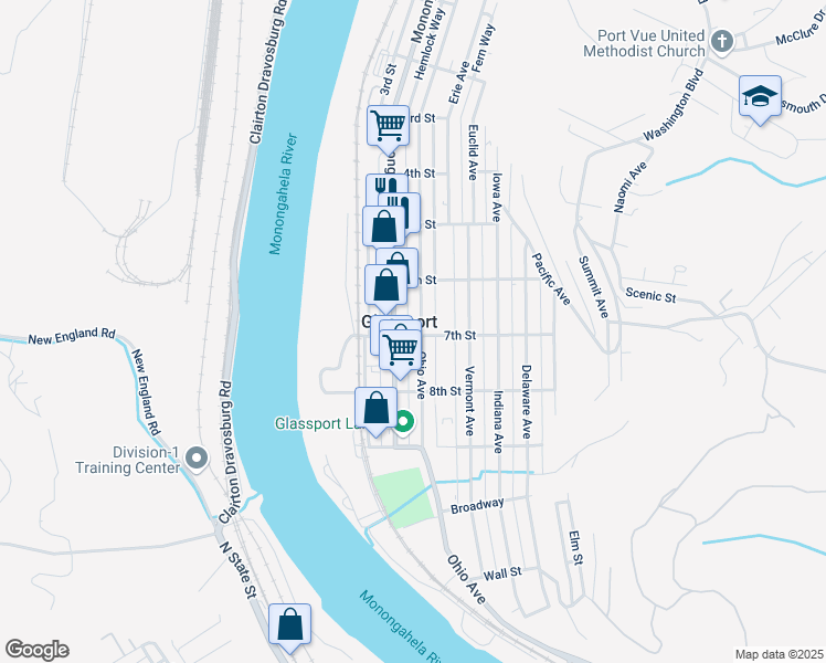 map of restaurants, bars, coffee shops, grocery stores, and more near 642 Ohio Avenue in Glassport