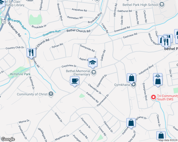 map of restaurants, bars, coffee shops, grocery stores, and more near 3302 S Park Rd in Bethel Park