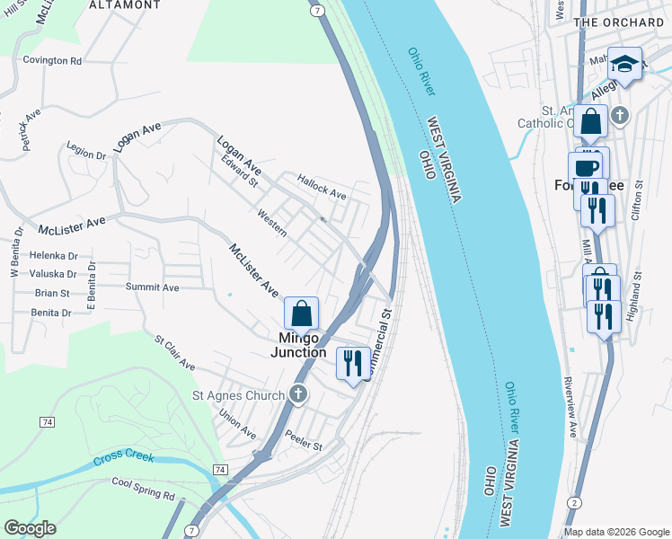 map of restaurants, bars, coffee shops, grocery stores, and more near 110 Western in Mingo Junction
